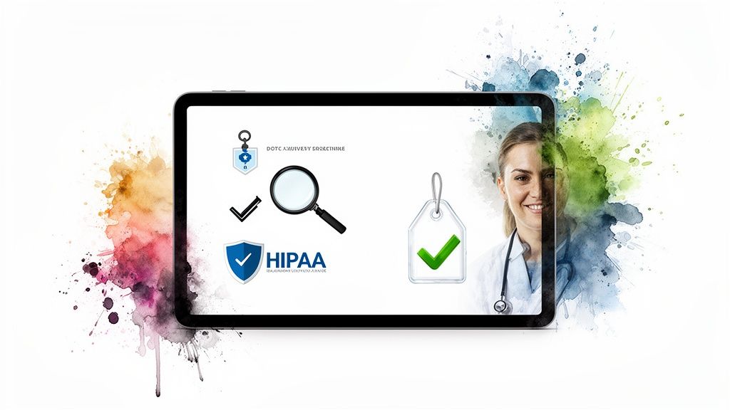 A tablet displays medical icons, a magnifying glass, HIPAA logo, and a smiling doctor blending with watercolor.