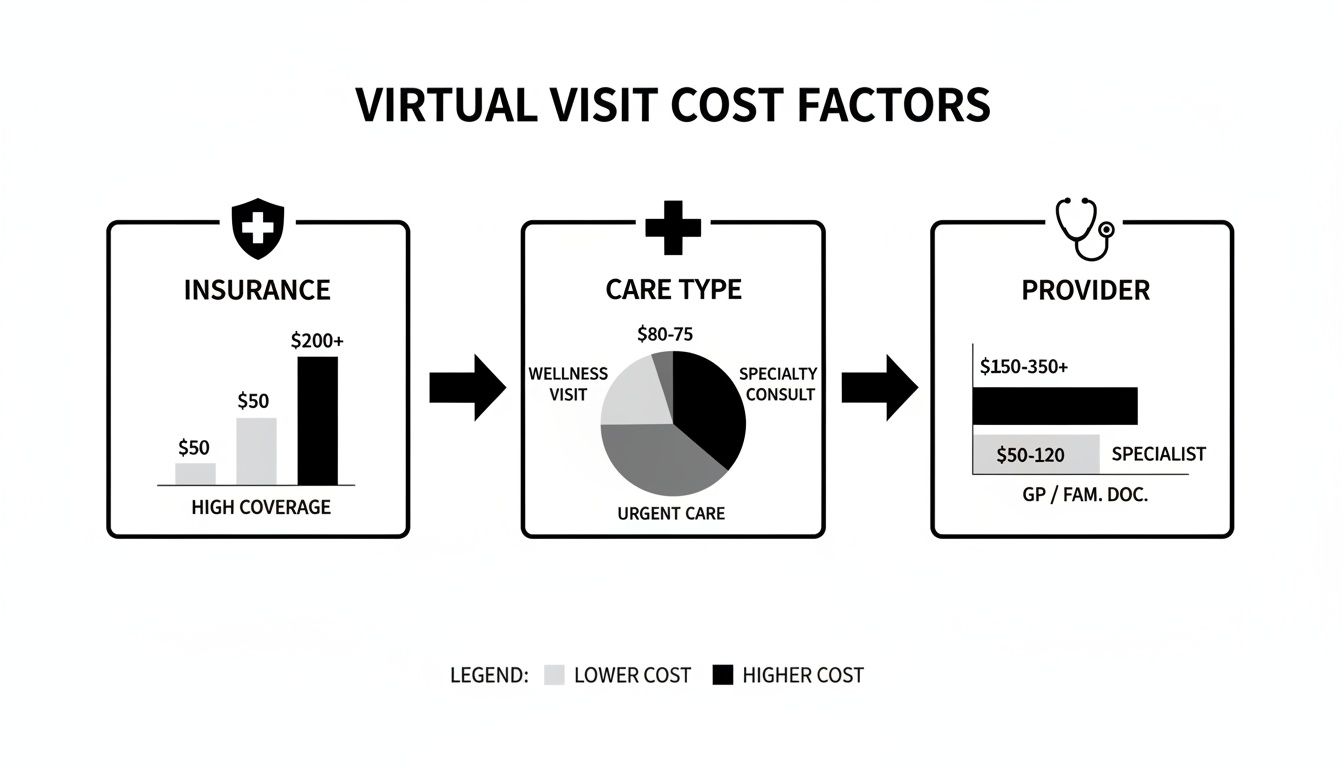Diagram illustrating virtual visit cost factors: insurance, care type, and provider influence.