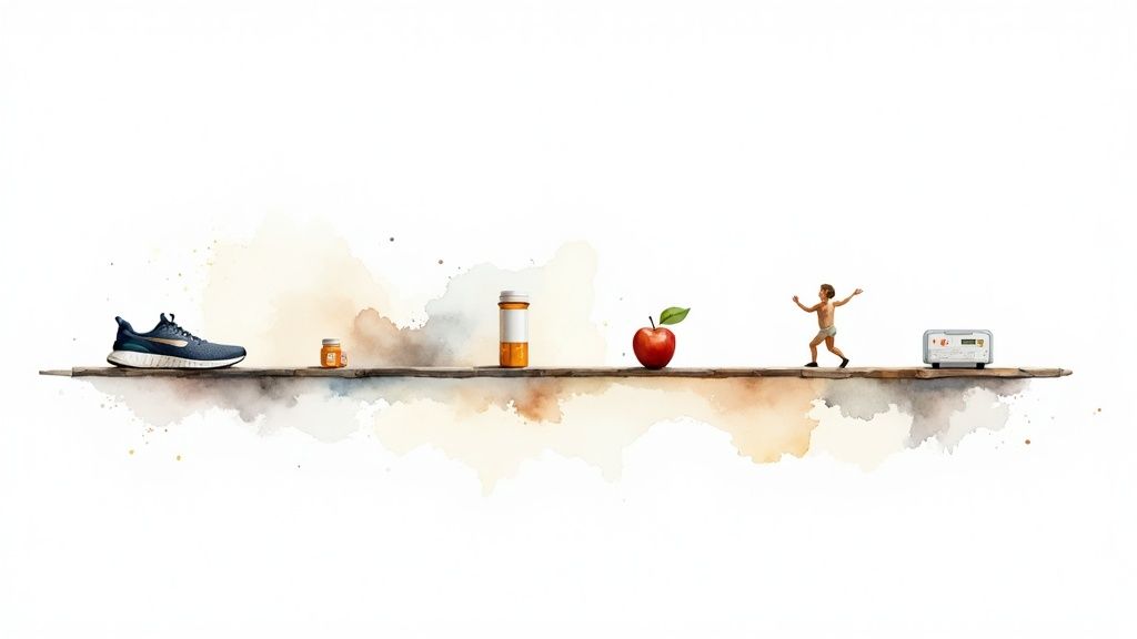 A running shoe, medicine bottles, a red apple, a person exercising, and a health monitor on a plank.