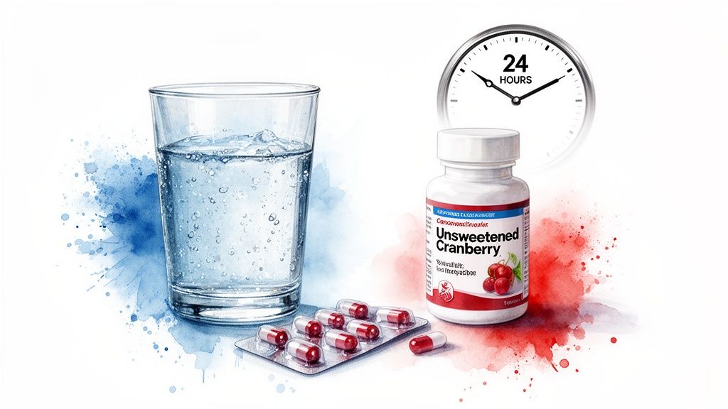 A glass of water, cranberry supplement bottle, capsules, and a 24-hour clock.