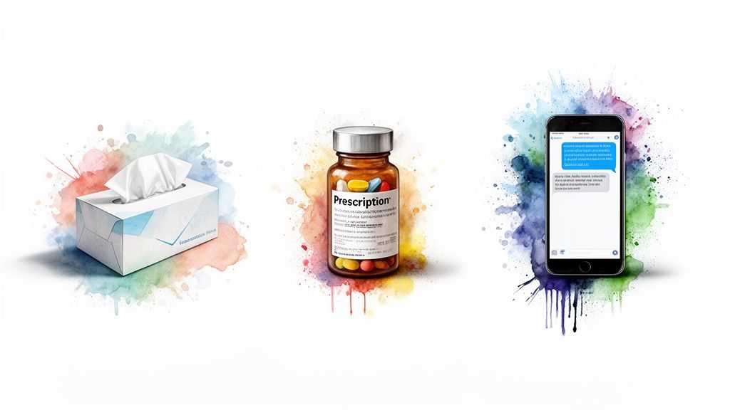 A box of tissues, a prescription pill bottle, and a smartphone with a text message, surrounded by colorful watercolor splatters.