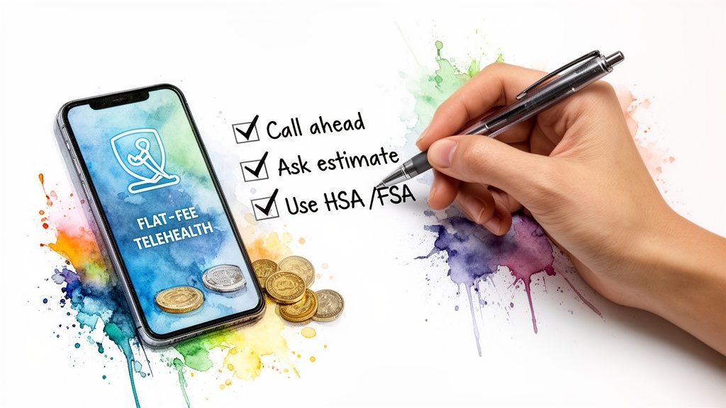 A hand checks off a checklist about telehealth costs next to a smartphone showing 'Flat-Fee Telehealth' and coins.