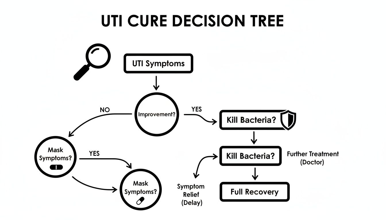 A flowchart titled 'UTI Cure Decision Tree' illustrates steps for managing UTI symptoms and treatment.