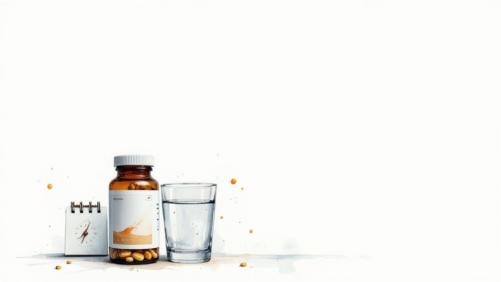 A brown pill bottle, a glass of water, and a small clock on a white background, symbolizing medication schedule.