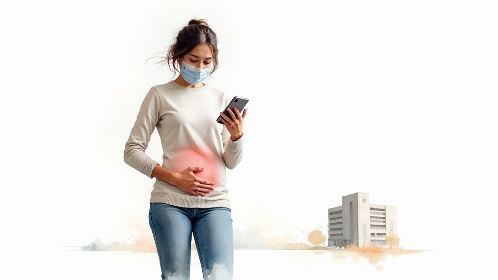 A woman in a mask, holding her painful stomach, looks at her phone near a hospital.