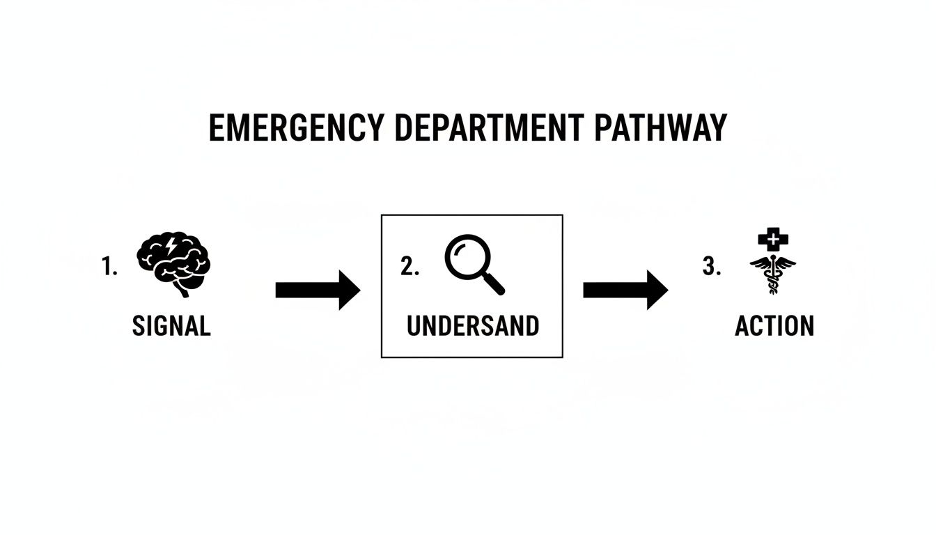 Flowchart showing the emergency department pathway from signal, to understanding, and finally action.