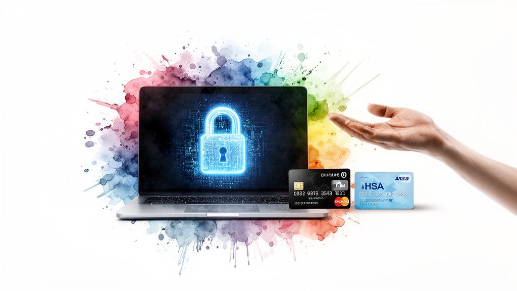 A laptop with a glowing padlock on screen, two credit cards, and a hand, representing digital security.