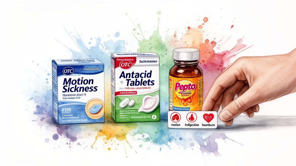 A watercolor illustration of OTC medications for motion sickness, antacids, and Pepto with symptom labels.