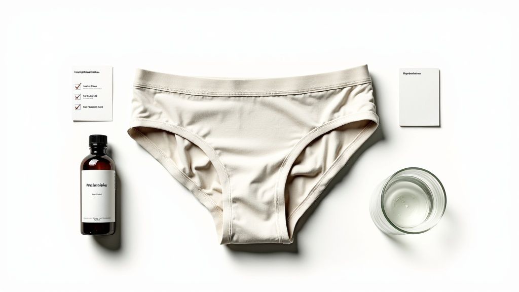 Flat lay of beige underwear, a brown bottle, a glass of water, and two white cards.
