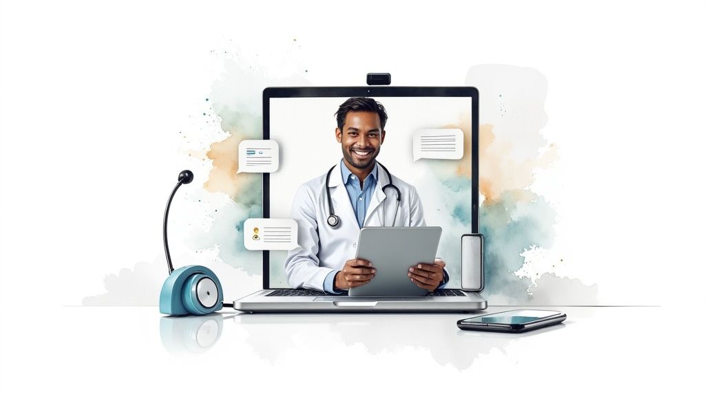 A smiling male doctor on a laptop screen holding a tablet, representing a virtual consultation.