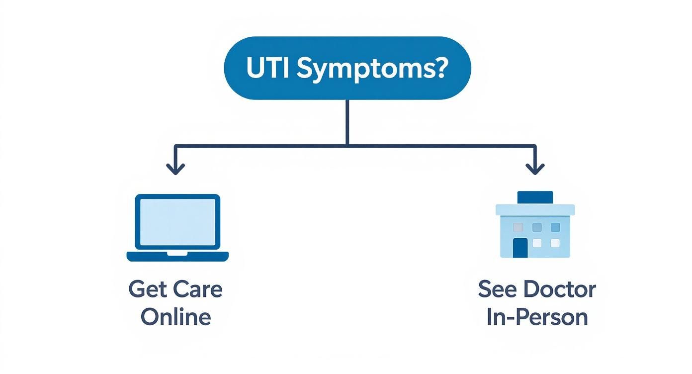 Flowchart showing options for UTI symptoms: get care online via laptop or see a doctor in-person.