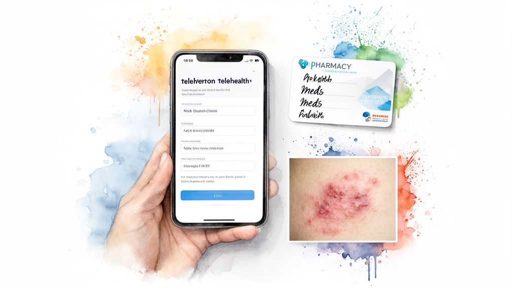 Telehealth app on a smartphone, pharmacy card, and a skin condition image, for online prescriptions.