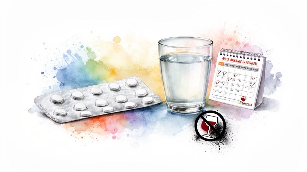 A watercolor illustration showing a blister pack of pills, glass of water, treatment calendar, and a no-alcohol symbol.