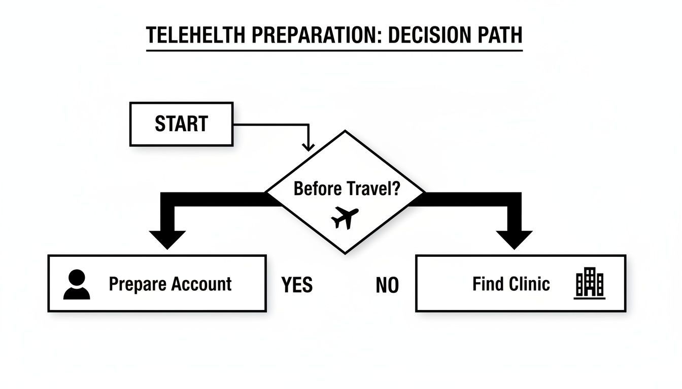 A flowchart showing the telehealth preparation decision path, starting with 'Before Travel?', leading to 'Prepare Account' or 'Find Clinic'.