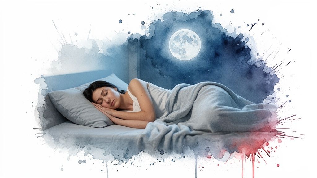A woman sleeps soundly in bed with a large moon and artistic watercolor night sky.