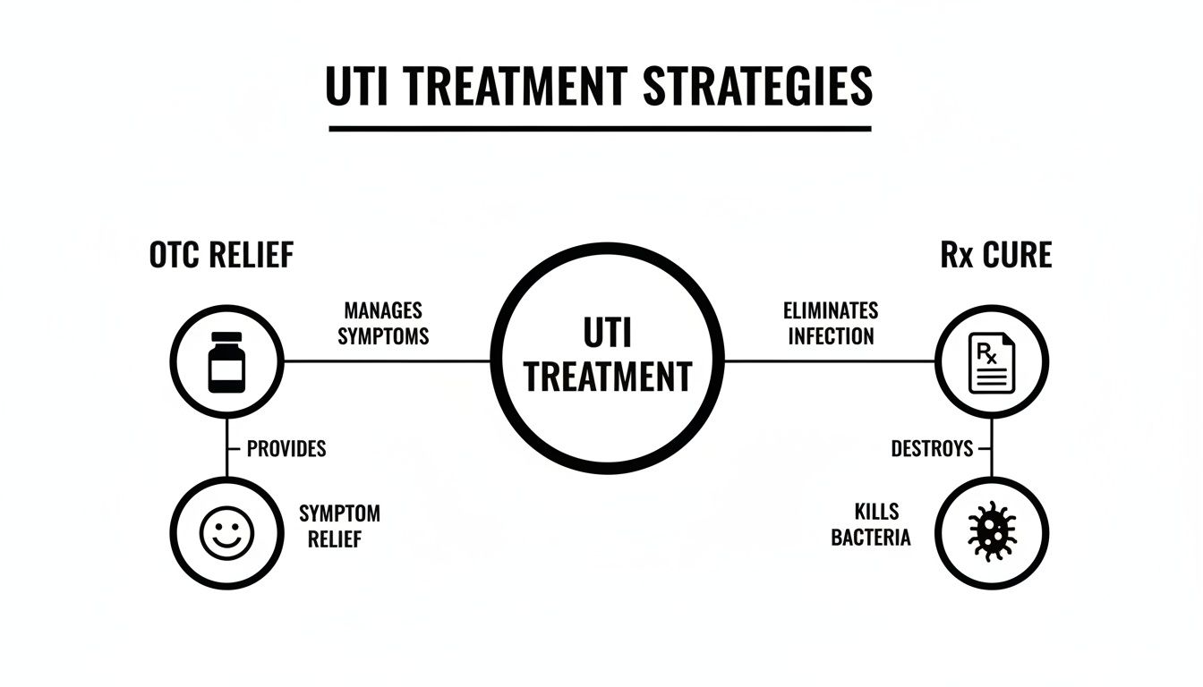 Infographic comparing UTI treatment strategies: OTC relief for symptoms versus Rx cure for infection.