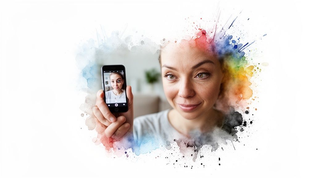 A smiling woman takes a selfie with her smartphone, surrounded by colorful watercolor splashes.