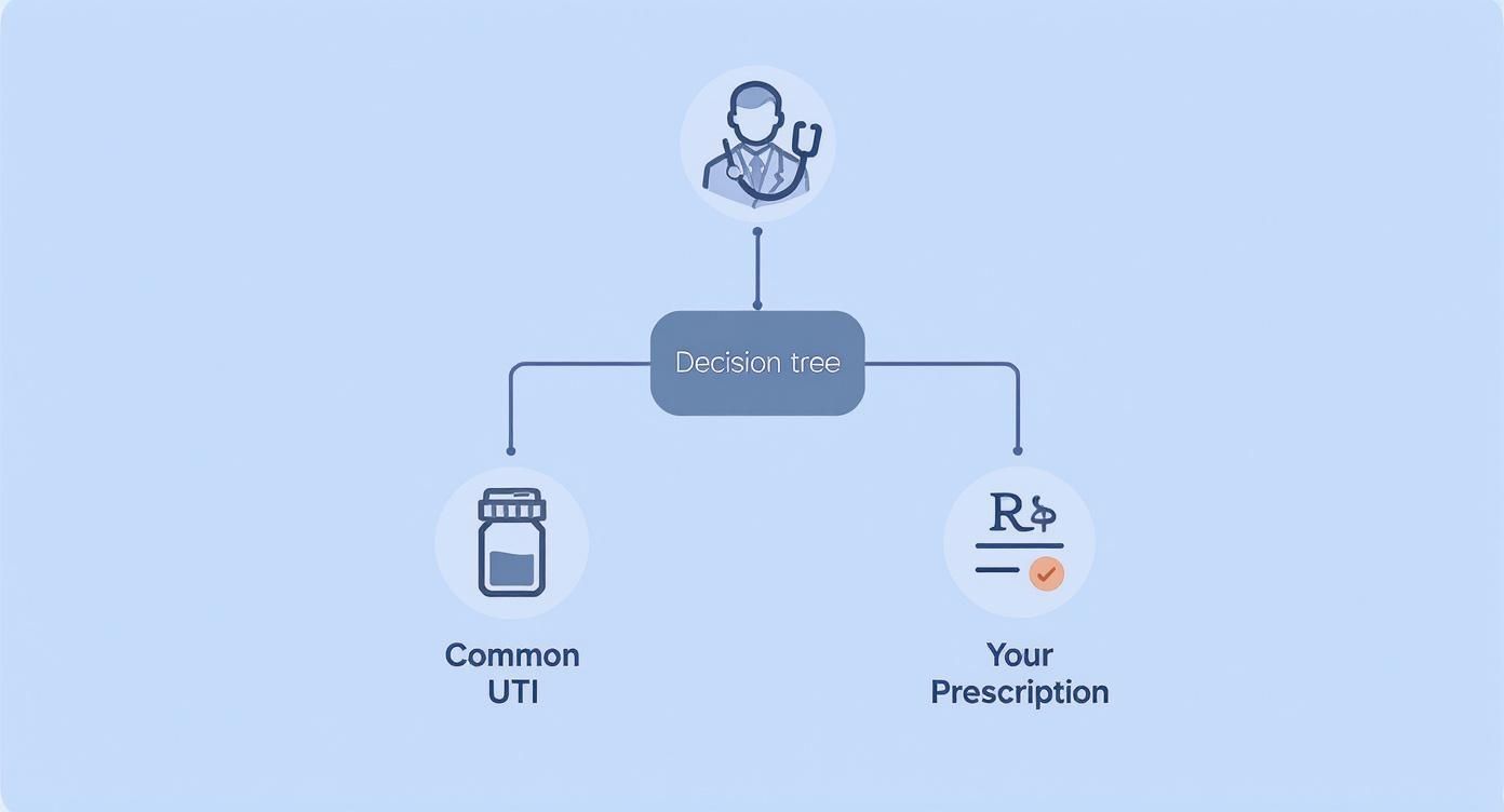 A medical decision tree showing a doctor evaluating UTI, leading to common UTI medication or a personalized prescription.