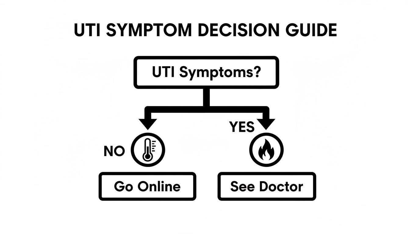 A flowchart decision guide for UTI symptoms, advising users to go online or see a doctor.