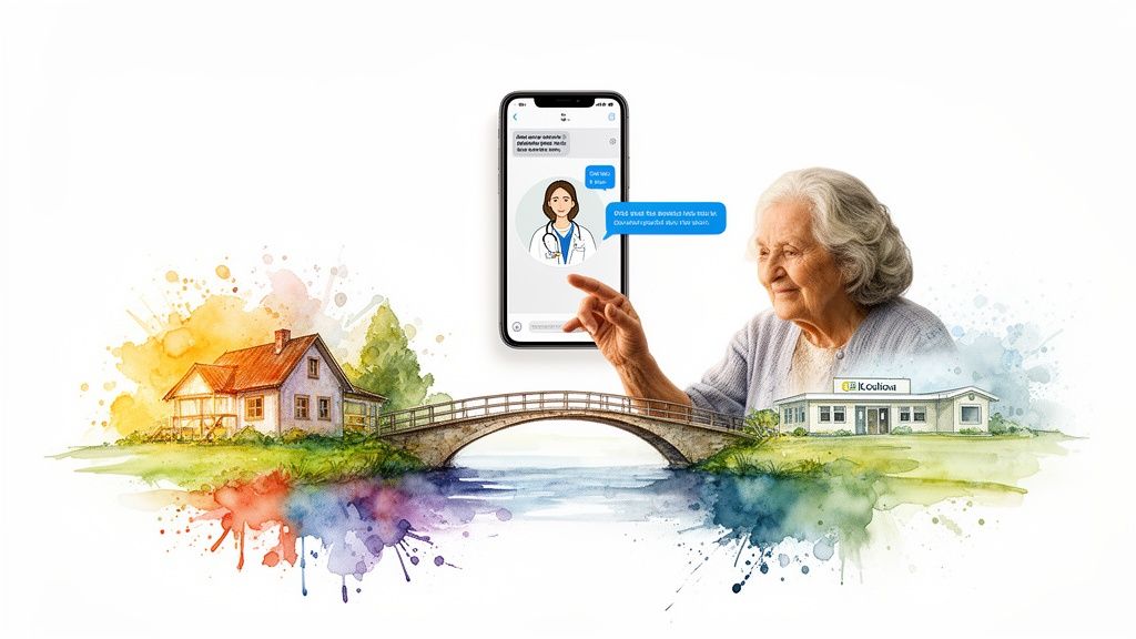 Elderly woman connects with a doctor via a smartphone app, bridging home and clinic.