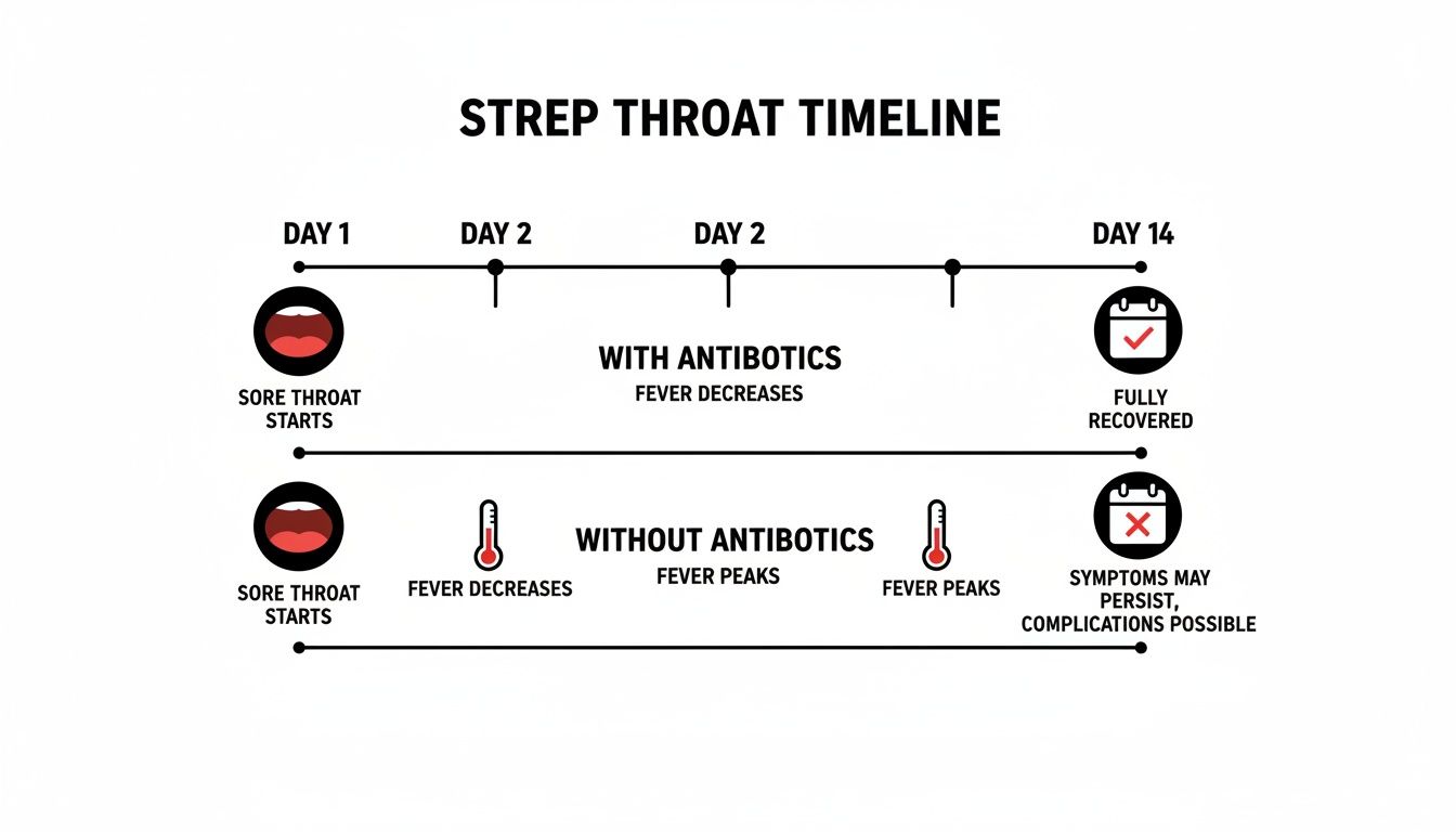 Strep throat timeline comparing symptom progression and recovery with and without antibiotic treatment.