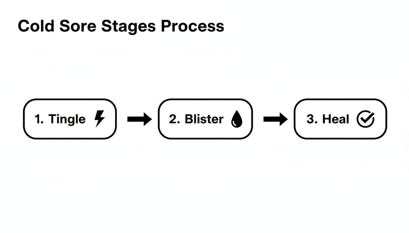 A diagram illustrating the three stages of a cold sore: 1. Tingle, 2. Blister, 3. Heal.