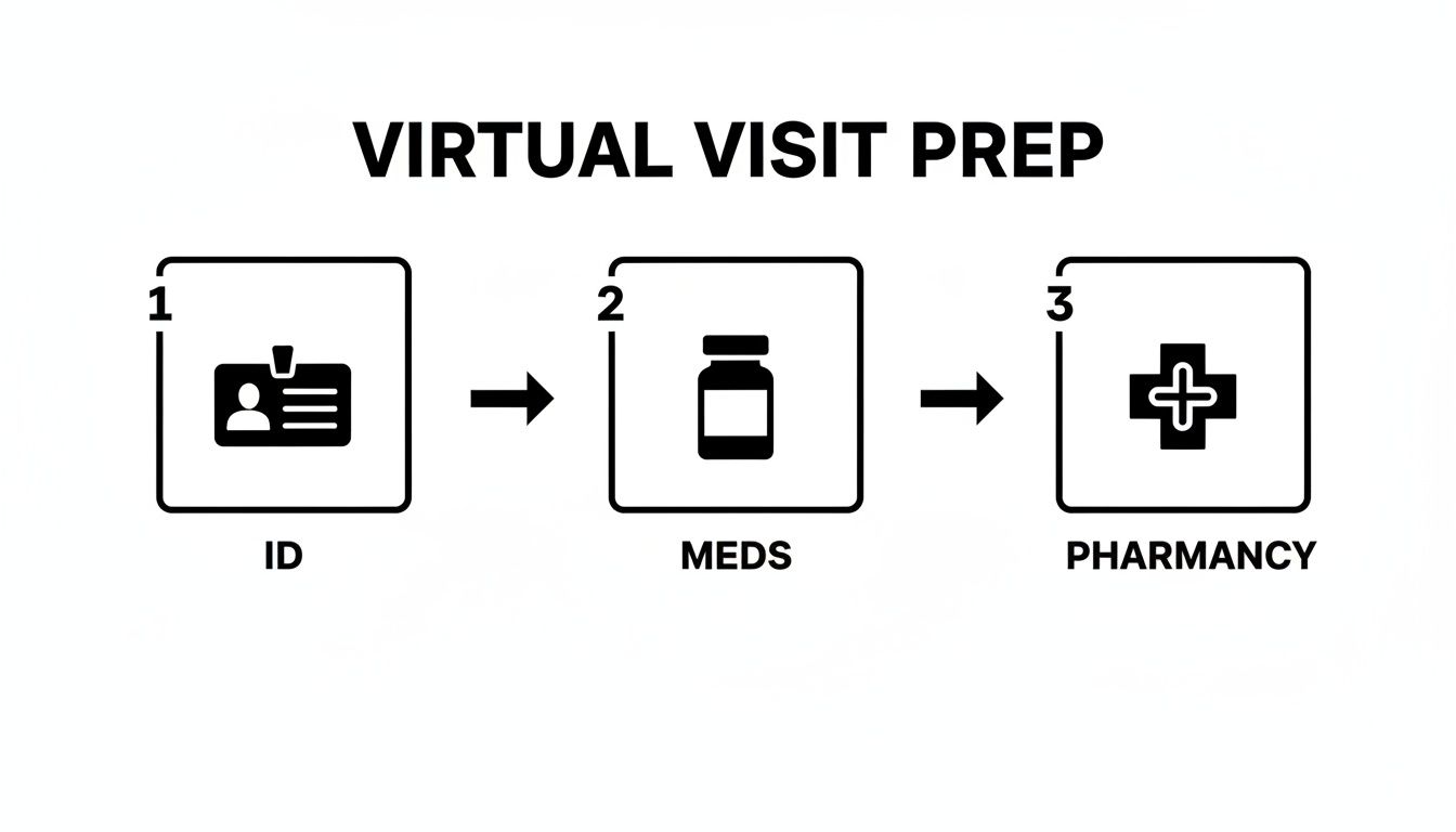 A three-step guide outlining virtual visit preparation: 1. ID, 2. Meds, 3. Pharmacy.