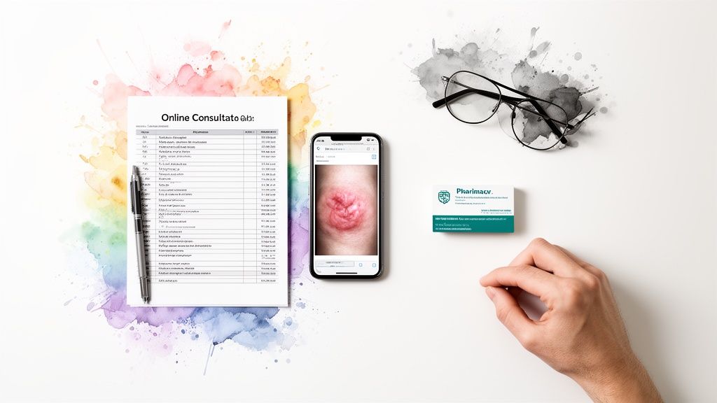 Overhead view of an online medical consultation setup with a document, phone showing a skin condition, glasses, and a business card.