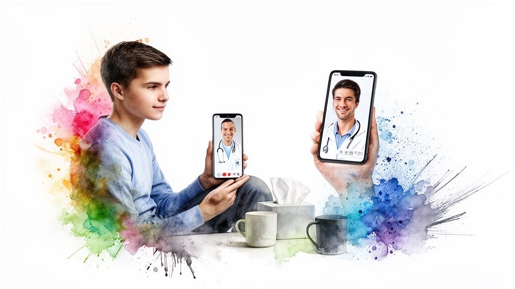 A young person consults a doctor via video call on a smartphone, representing telehealth.