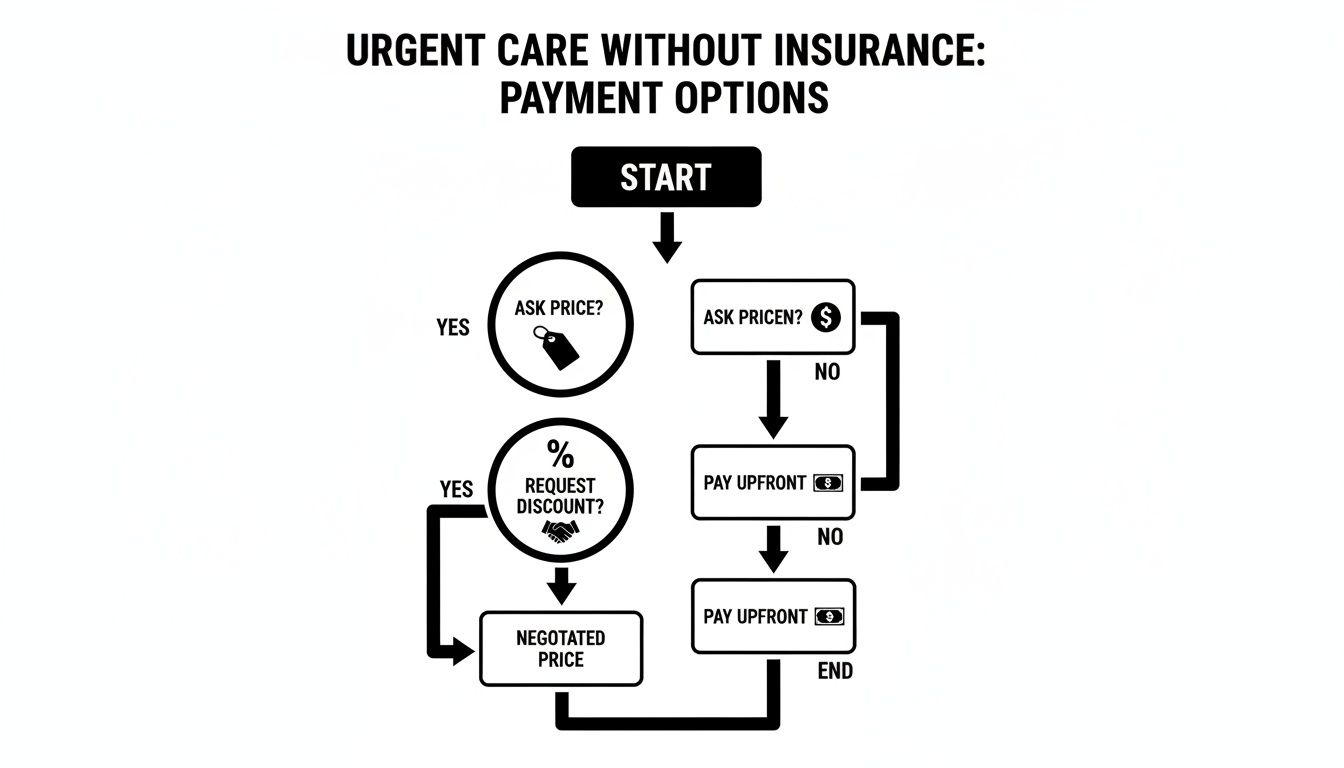 Flowchart illustrating payment options for urgent care without insurance, including steps to ask for prices and discounts.
