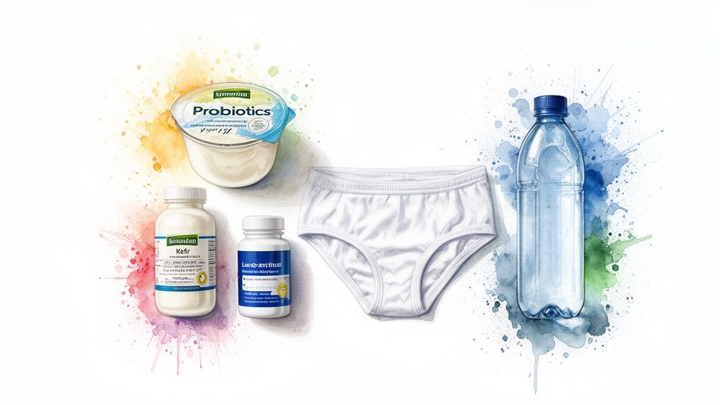 Various health products like probiotics, kefir, supplements, water, and underwear on a colorful background.