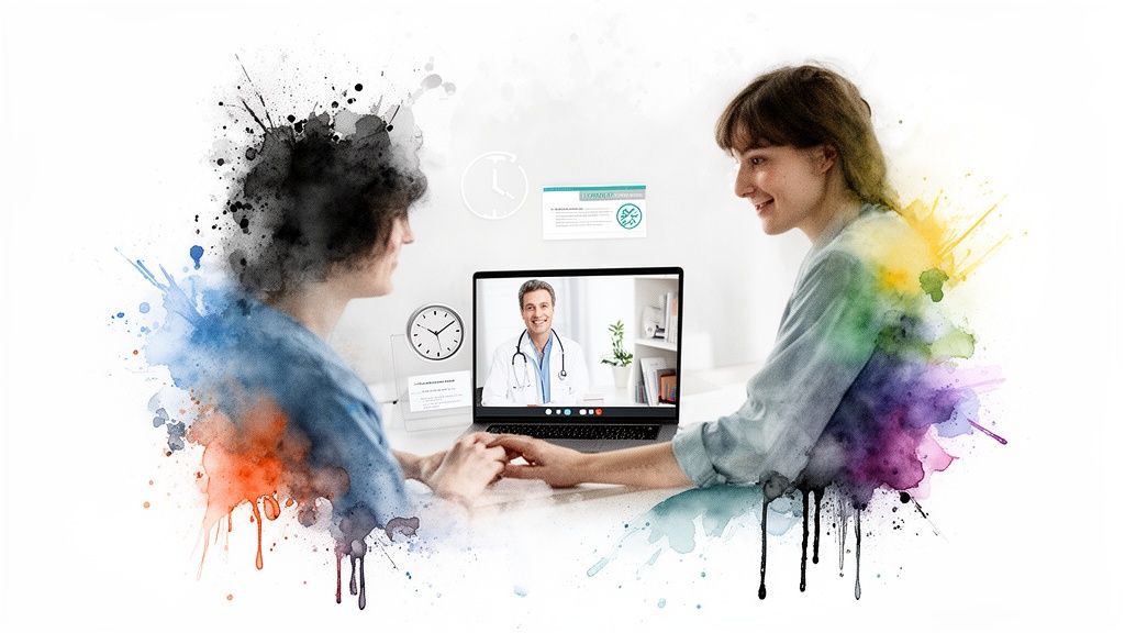 A couple consults a doctor via telehealth, holding hands with colorful watercolor effects.