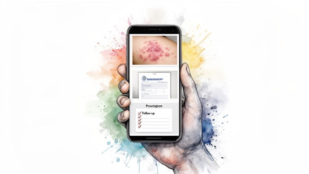 Hand holding a smartphone displaying a skin condition, digital prescription, and follow-up for a telehealth visit.