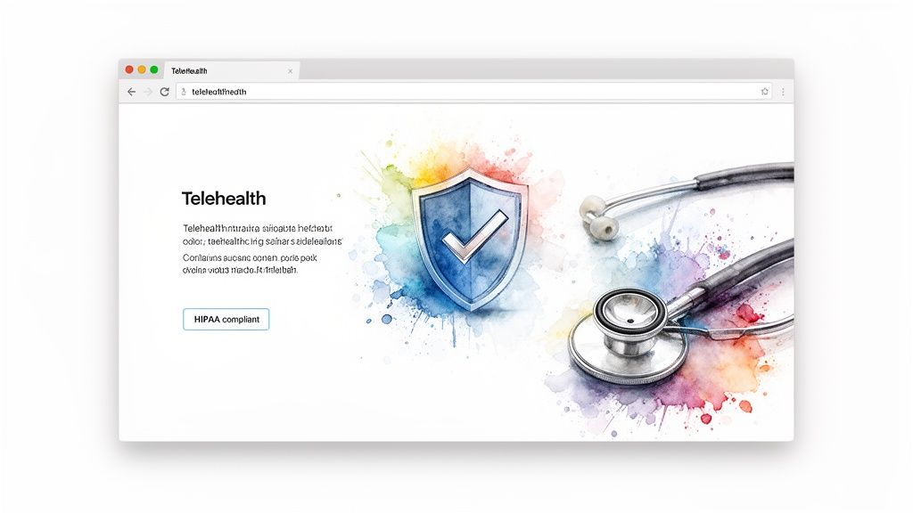 A telehealth website displayed in a browser window, featuring a security shield, checkmark, and stethoscope, indicating HIPAA compliance.