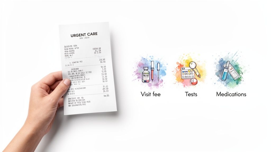 A hand holds an urgent care bill, beside watercolor icons for visit fee, tests, and medications.
