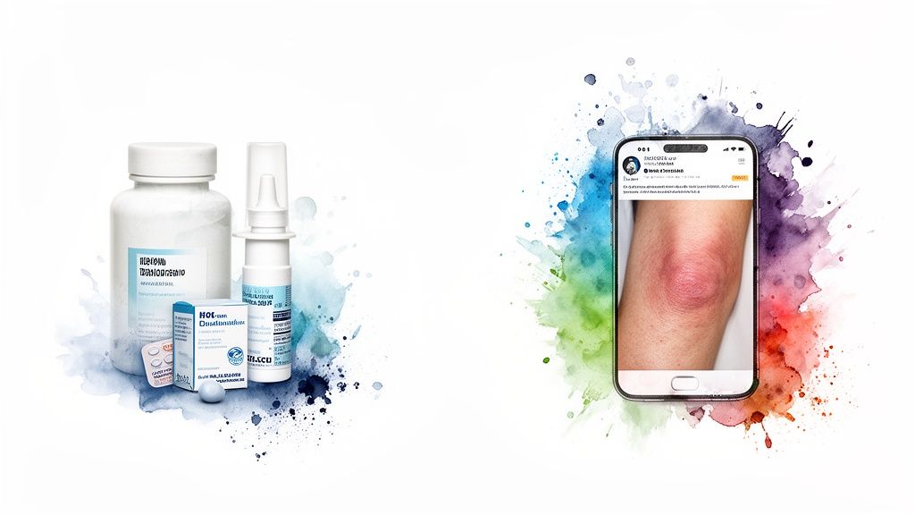 Medical supplies including pills and sprays next to a smartphone displaying an inflamed knee for online consultation.