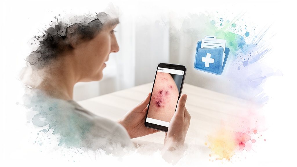 Woman using a smartphone to assess a skin rash, linking to digital health records.