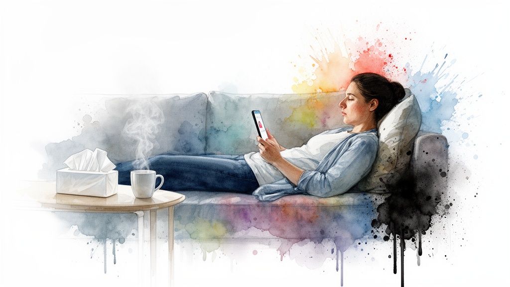 Watercolor illustration of a woman relaxing on a sofa with a phone, tissues, and a steaming cup.