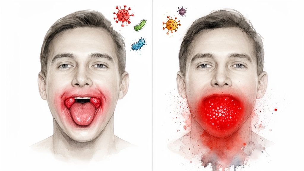 Illustrations comparing tonsillitis with swollen tonsils and strep throat with inflamed red mouth and neck.