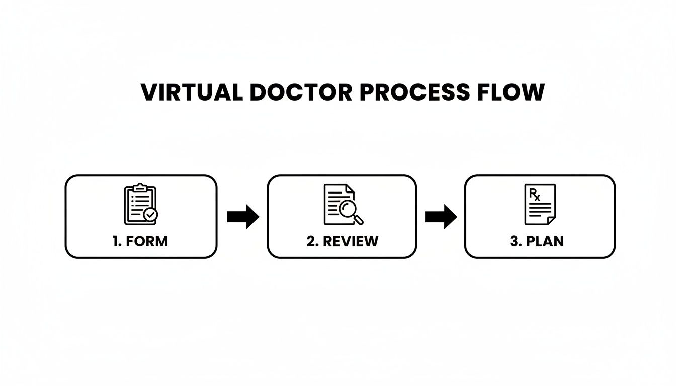 A virtual doctor process flow diagram illustrating three steps: 1. Form, 2. Review, and 3. Plan.