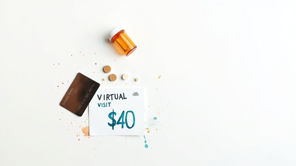 A virtual visit card for $40, a credit card, a pill bottle, and pills on a white background.