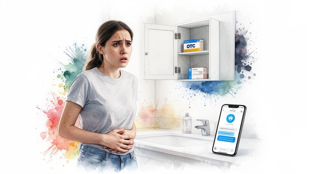 A distressed woman with stomach pain in a bathroom, considering OTC medicine and a health app.