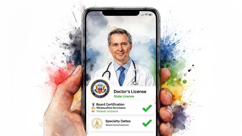 A hand holds a smartphone displaying a doctor's verified license and certifications on a digital profile, with a watercolor splash background.