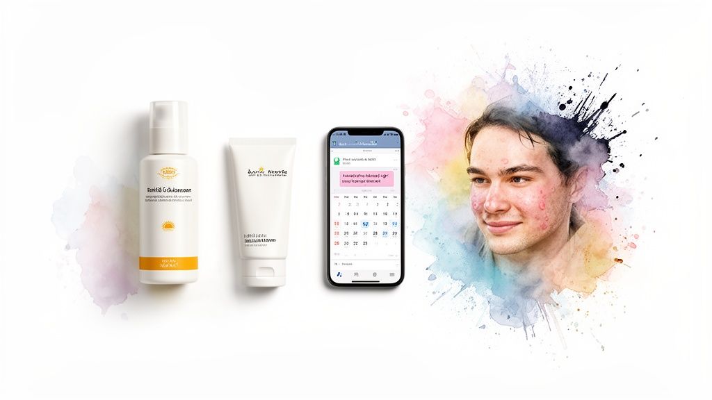 Skincare products, a smartphone calendar app, and a young man with acne, representing a treatment journey.
