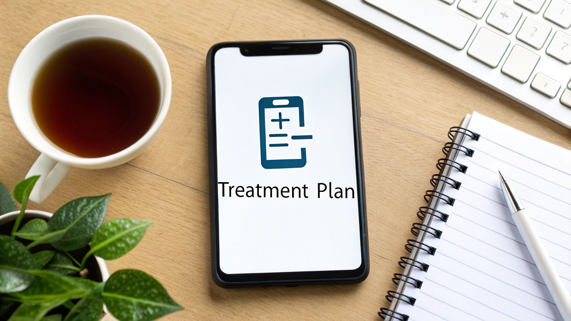 Overhead view of a desk with a smartphone showing 'Treatment Plan', a cup of tea, a plant, a keyboard, and a notebook with a pen.