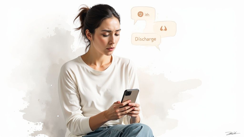 Worried woman researching health symptoms on her phone, with 'Discharge' and icons in thought bubbles.