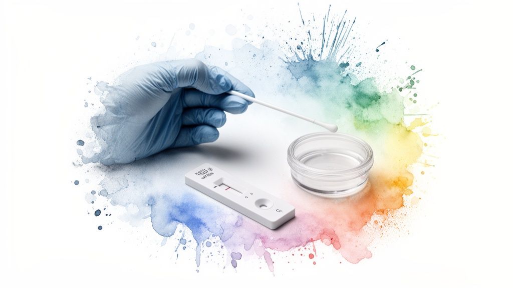A gloved hand holds a swab above a COVID-19 antigen test kit showing a negative result, next to a container of liquid, all on a watercolor splash background.