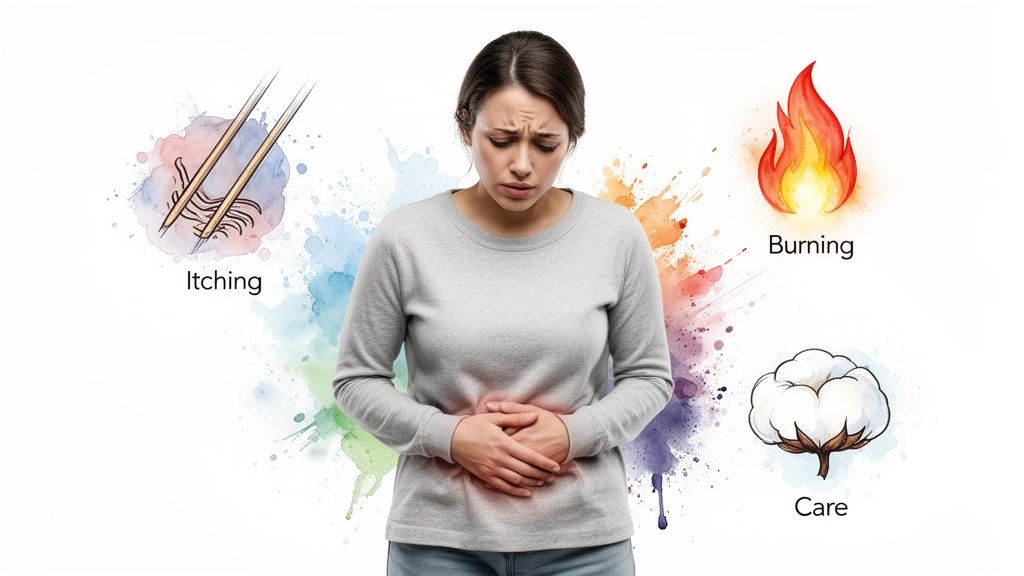 A woman with stomach pain, surrounded by watercolor icons representing itching, burning, and care.