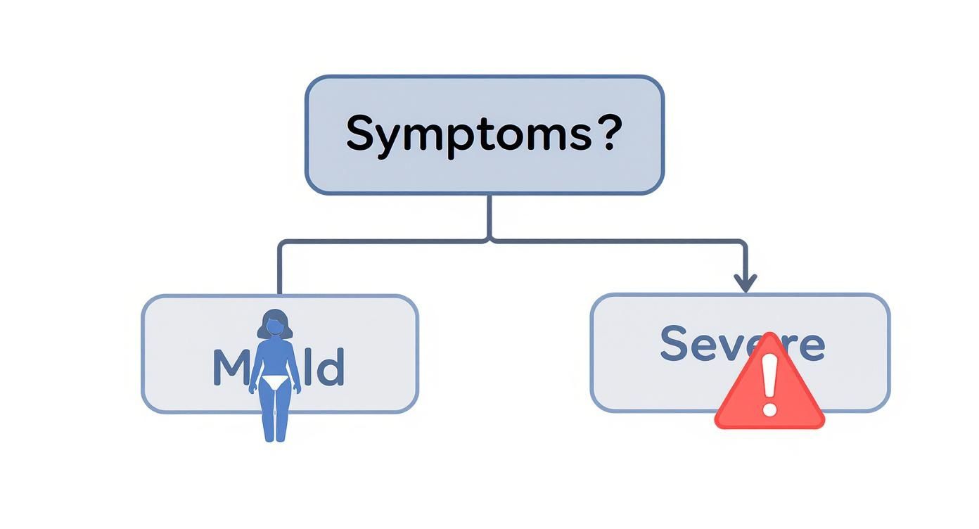 A flowchart illustrating symptom severity, branching from 'Symptoms?' to 'Mild' with a person icon and 'Severe' with a warning triangle.