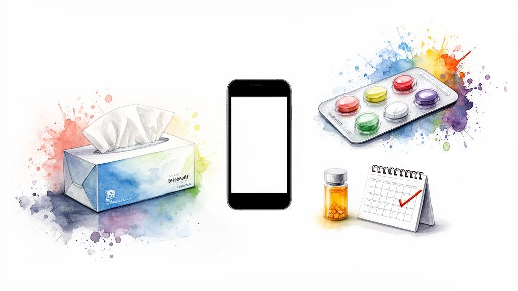 A smartphone, tissues, medication, and a calendar, representing quick online prescription and telehealth.